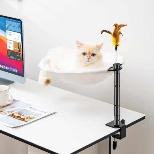 Uross Katzenbett für Schreibtisch - 360° drehbar & höhenverstellbar, weiches Katzenhängematte mit 2 waschbaren Bezügen Katzenschlafplatz für Homeoffice - Ganzjahresnutzung (Beige)