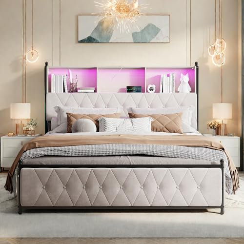 SHAODENG Jugendbett 140x200, Polsterbett Doppelbett mit USB und LED-Beleuchtung, Bett mit Lattenrost, 4 Schubladen,Funktionsbett Stauraumbett Rückenlehne Bettgestell, Beige, Samt, Ohne Matratze