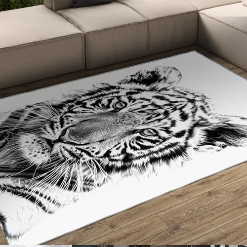 Tiger Waschbare Teppiche Nordischer Industriestil Dunkler Ton Teppich Weicher Anti-Rutsch-Teppich für Home Office Wohnzimmer Schwarz und Weiß 90x180cm