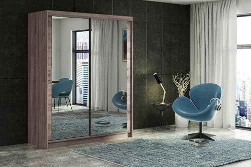 Modern Sliding Double Door Wardrobe with Full Size Mirror, 2/3 Doors, up to 8 Drawers and 4 Hanging Rails Colours: WHITE/BLACK/OAK/GREY Width: 100cm/120cm/150cm/180cm/200cm (Oak, 180cm 4 Drawers)