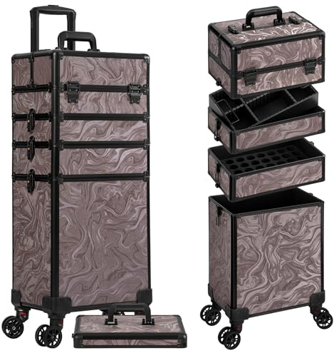 Arous - Valigetta porta trucchi con rotelle, trolley per trucco 5 in 1, organizer per cosmetici, baule per salone di barbieri con lucchetto, portaoggetti con ruote per donne, stilista di capelli
