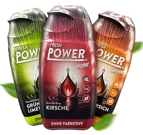 FreshPower by Möller Sirup Zuckerfrei 3x65ml- Getränkesirup mit wertvollen Vitaminen und Aminosäuren — Zero Sirup für 6,5 Liter — Kirsche, Eistee Pfirsich, Grüner Tee Limette Minze