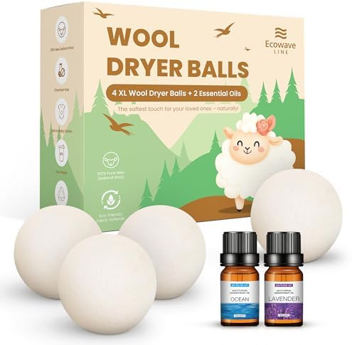 Wool Dryer Balls – 4XL Pack + 2 Essential Oils – 100% Pure New Zealand Wool – Eco-Friendly Fabric Softener