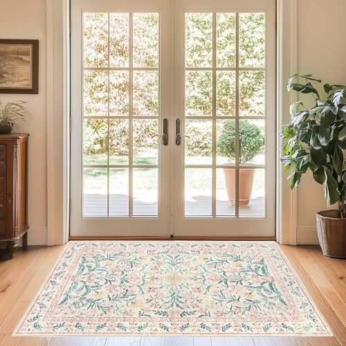 MJGFD Teppich Wohnzimmer Waschbarer 60x90cm Hellrosa- Boho Kurzflor Teppich Schlafzimmer, Kleiner Fußmatte Innen, Vintage Blumen Teppiche Weich rutschfest für Schlafzimmer, Kinderzimmer, Küchen