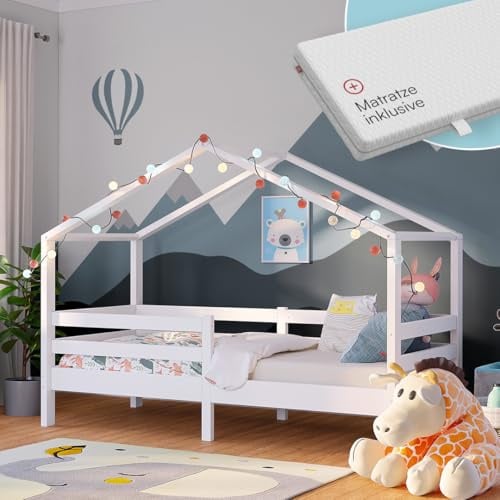 Bellabino Abia Kinderbett 90x200 cm – Hausbett mit Matratze, Rausfallschutz & Lattenrost – Montessori Kinder Bett aus Massivholz Kiefer für Jungen und Mädchen in Weiß