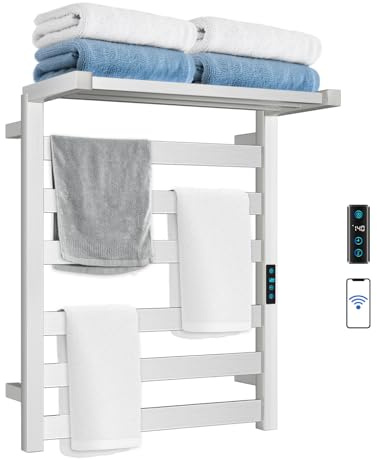 Aquatrend WiFi Heated Towel Rack Wall Mounted, Electric Towel Warmer with Foldable Bracket, Stainless Steel, LED Built-in Timer, Plug-in, Temperature & Timing Control, 6 Bars, Brushed Nickel