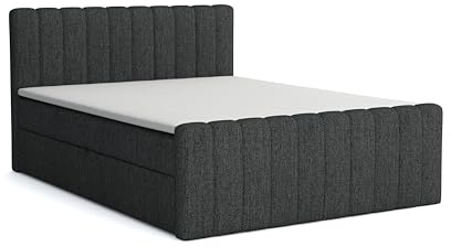 Boxspringbett mit Bettkasten Aster 140x200cm, Polsterbett mit Bonellmatratze Topper Doppelbett mit Stauraum gepolstertes Kopfteil, Doppelbett Schlafzimmer Härtegrad H3, Inari 96 - dunkelgrau