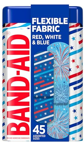 BAND-AID Brand Flexible Fabric Adhesive Bandages, First Aid Comfortable Protection & Wound Care for Minor Cuts & Scrapes, American Stars & Stripes Designs in Red, White & Blue, Assorted Sizes, 45 ct