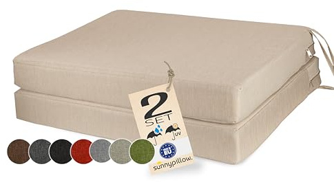sunnypillow 2er Set Stuhlkissen 40x40 wasserdicht UV-lichtecht, Cremefarben | Outdoor Polsterauflage mit Bändern, Auflage für Stühle,Bänke, Sitzkissen Stuhlauflage für Haus und Garten, 7cm dick
