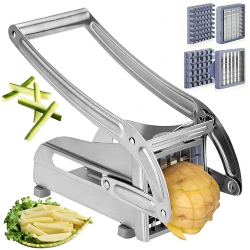 MIUUIPI Pommesschneider Edelstahl, Kartoffelschneider Scheiben mit 2 Klingengrößen (36/64 Raster) und Rutschfester Gummibasis, Pommes Frites Schneider für Ganze Kartoffeln, Zwiebel