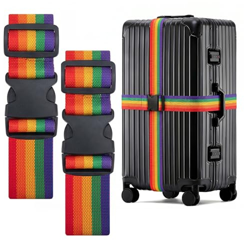 WISYOK Koffergurt, 2 Stück, 130-250cm, Regenbogen | Kofferband Gurt Auffällig, Erweiterte Sicher Kofferbänder, Robuster Koffer Gurtband, Luggage Strap für Reisen, Flugreise