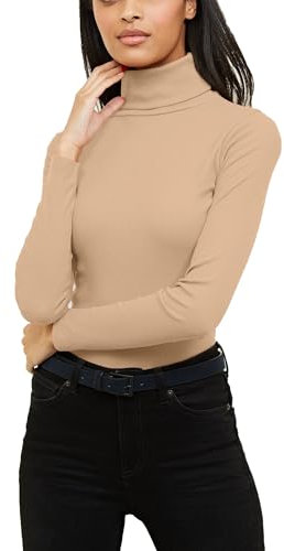 Re Tech UK Ladies Plain Ribbed Cotton Polo Turtle Roll Neck Tunic Top Jumper Full Sleeve, Stone, M/L 12-14