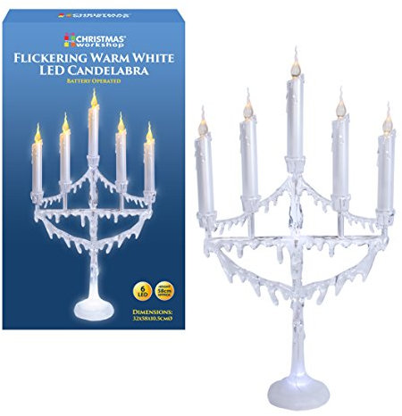 The Christmas Workshop Battery Operated 5 Candle Flickering LED Candleabra, Metal, White