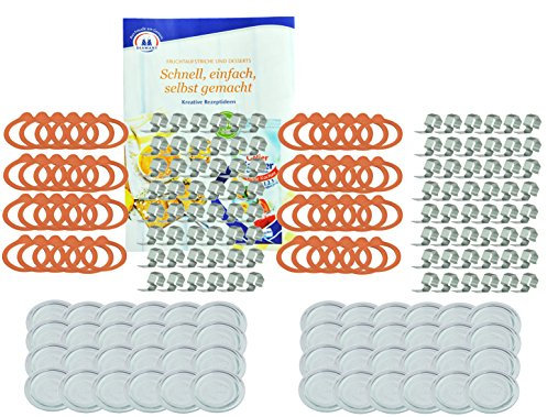 ORIGINAL WECK-Einkoch-Set - 48 Glasdeckel für Rundrandglas 100 mm + 48 Einkochring + 96 Weck-Klammern + Rezeptheft, Ersatzdeckel aus Glas, transparent, WECK-Rundrandgläser RR100, wiederverwendbar