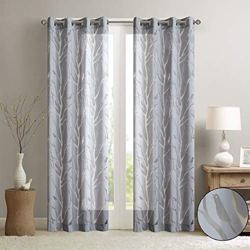 Madison Park Semi Sheer Curtain Modern Contemporary Botanical Print Out Design, Grommet Top, Single Window Drape for Living Room, Bedroom and Dorm, 50x63, Bird Grey