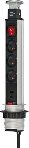 Brennenstuhl Tower Power Bloc multiprise escamotable 3 prises/2 prises USB avec interrupteur câble 2 m, Anthracite, 3 PRISES 2M- 2 x USB