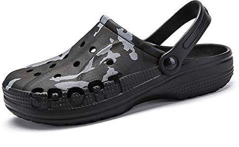 Zuecos y Mules Hombre Verano Camuflaje Casual Zapatos de Jardín Ligeras Respirable Antideslizante Clogs Planas Classic Sandalias de Playa Piscina Baño Cómodas Pantuflas Zapatillas Exterior Negro 40