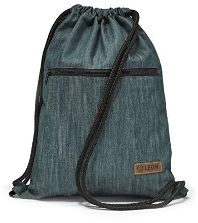 By Bers Leon großer Premium Turnbeutel mit Innentaschen Rucksack Tasche Damen Herren Teenager Gym Bag Draw String 45x34cm für Sport Reise Alltag Einkauf (denimgrün_Zipper2)