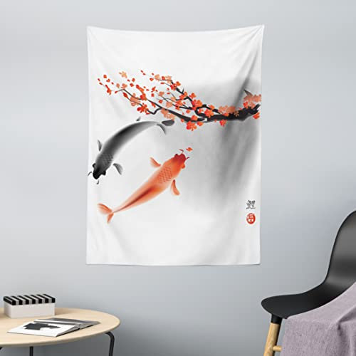 ABAKUHAUS japanisch Wandteppich, Koi Karpfen-Fische Paar aus Weiches Mikrofaser Stoff Waschbar ohne Verblassen Digitaldruck, 110 x 150 cm, Orange Grau
