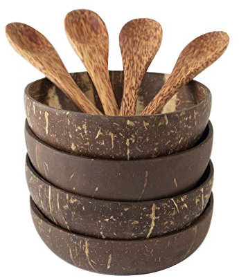 Kokosnussschalen und Holzlöffel-Set, Vegan Bio-Salat Smoothie Buddha Schale für Küche, Essen und Dekoration Set 4