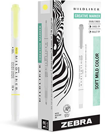 Zebra Pen Mildliner 78150upc Doppelendiges Textmarker-Set mit breiter und feiner Spitze, ideal für Bibelhervorhebungen, kein Ausbluten milder gelber Tinte, 12er-Pack
