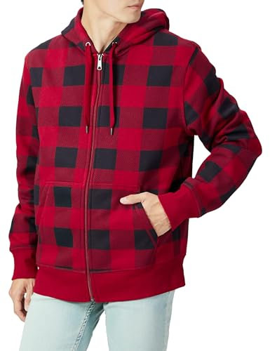 Amazon Essentials Sweat à Capuche en Polaire avec Fermeture Éclair intégrale (Grandes Tailles Disponibles) Homme, Noir Rouge Carreaux Lainés, L