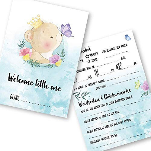 Babyparty Spiele rate mal Karten (25 Karten, Deutsch, Motiv Bär) - Babyshower Ratespiel Mädchen und Junge - Baby Orakel Deko (Din A6 (10,5 x 14,8 cm))