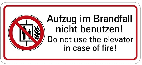 Aufkleber Aufzug im Brandfall Nicht benutzen DE/EN Brandschutz Schild Folie ähnl. ISO 7010 | Größe wählbar Made in Germany, Größe: 30x13,2 cm