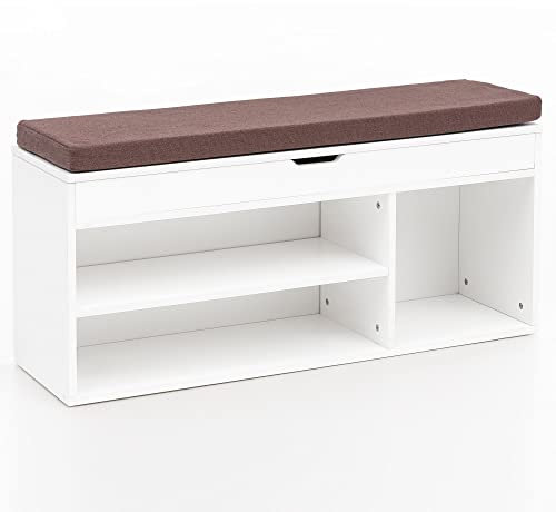 möbelando Schuhbank WL5.345 mit Sitzfläche Garderoben-Bank Holz 104x51x32 cm Weiß | Holzbank klein gepolstert | Sitzbank schmal Flur mit Stauraum | Truhenbank Schuhtruhe Flurmöbel