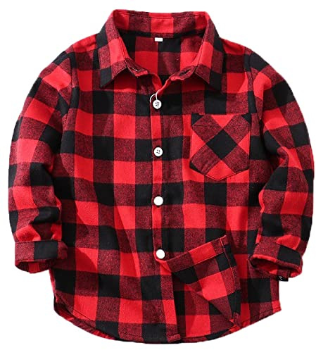Coralup Kids Cotton Plaid Button Down Long Sleeve Shirt for Boys Girls Red 6-7Years