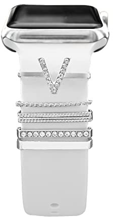 5ST Charms für Apple Watch Armband 41mm 45mm 40mm 44mm 42mm 46mm 38mm Herren/Damen,Diamant+Metall Dekorative Ring Schmuck für iWatch series 10 9 8 7 6 5 4 3 se,Fitbit Versa/sense,Silikon Band Zubehör