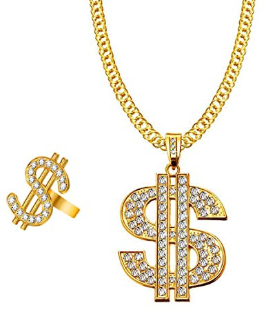 Liitata 2 Stück Dollar Zeichen Halskette Ringe Set Dollar Anhänger Kette Hiphop Rapper Punk Gold Kette 80er 90er Jahre Kostüm Zubehör für Herren Fasching Karneval Mottoparty