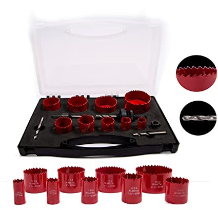 TGHLMH 14PCS Hole Saw kit, Drill Hole Cutter with Hole Saw Arbor, 9 Pack 34'' to 2-12'' hss Hole Saw Blades, 2 Pack Pilot bits, 2 Pack Mandrel, Carbide Hole Saw Set for Thin Metal, Wood, Plastic