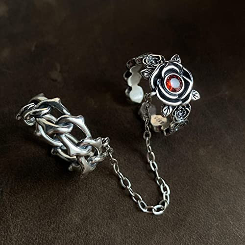 XJruixi Gothic Punk Personality Ring Women Flower Thorn Chain Red Zircon Adjustable Opening Rings Jewelry Accessories Gifts