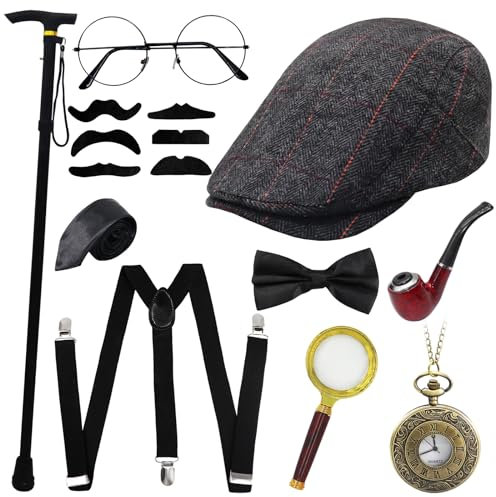 1920s Jahre Herren Accessoires, 20er Jahre Kostüm Herren Accessoires, Herren Accessoires Mafia Gatsby Kostüm Set, Faltbarer Krücken Metall, Panama Hut Elastisch Hosenträger Schnurrbart (Schwarz)