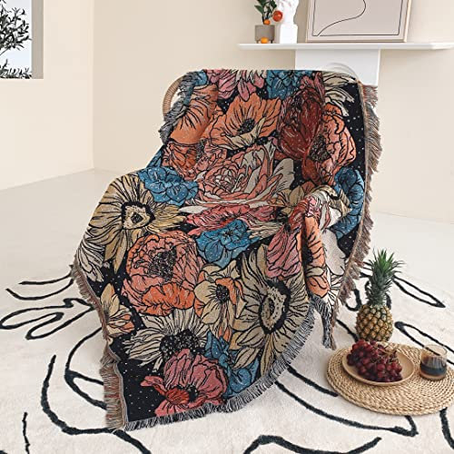 Shesyuki Boho Wurf Decke Reversible Baumwolle Bohemian Tapestry Hippie Zimmer Dekor Doppelseitig (Boho Blume Dark 50x60)