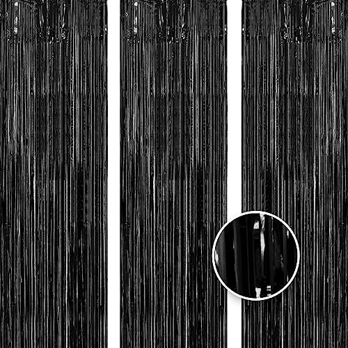 OWill 3pcs 3ft X 8.3ft Black Metallic Tinsel Curtains Aluminum Foil Flow Silk Curtain Background Streamer Birthday Party Wedding Holiday Backdrop Decoration