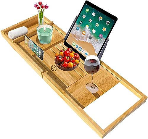 MantraRaj Bamboo Bath Caddy Tray Bridge Bath Tray Wooden Bathtub Tray Rack Caddy Tidy Bathroom Shelf Organizer Storage Bath Table for Reading,Tablet, Wine Glass Bath Accessories (Extendable Natural)