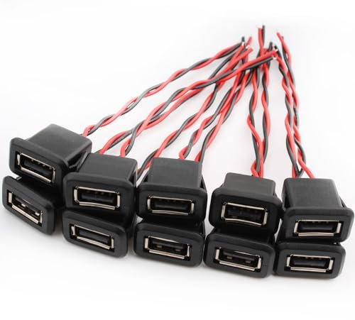 RUNCCI-YUN 10 Piezas Conector de Montaje en Panel USB Tipo A Hembra, Micro USB Tipo A Hembra Resistente al Agua con Cable,Conector USB Tipo A Hembra de 2 Hilos con Hebilla de Ranura a presión