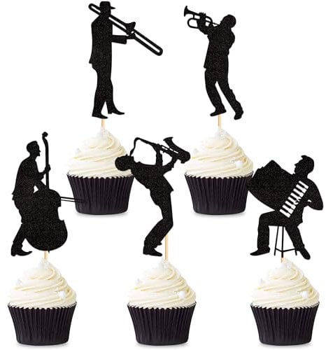 Blumomon 25 Pcs Jazz Band Cupcake Toppers Black Glitter Band Cupcake Decorations Picks Vintage Jazz Music Theme Cupcake Picks Music Concert Theme Birthday Party Cake Decorations Supplies