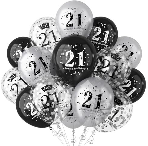 21st Birthday Balloons for Him Her, 21st Birthday Decorations for Boys and Girls Black Silver Latex Confetti Ballons, Happy 21st Birthdays Balloons, 21st Anniversary 21 Years Old Party Supplies