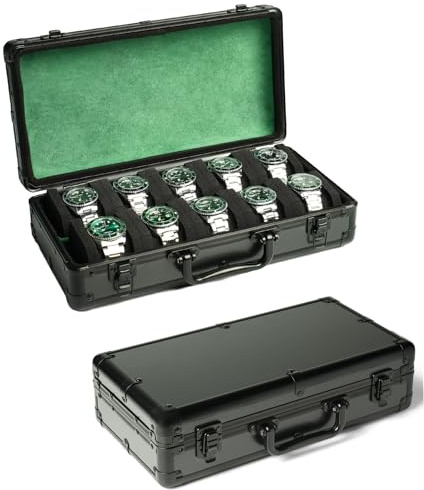 AUKURA Uhrenaufbewahrungsbox mit 10 Fächern aus Aluminium, silberfarben, harte Reise-Box für Uhren, gepolsterte Hülle für die Anzeige und Organisation