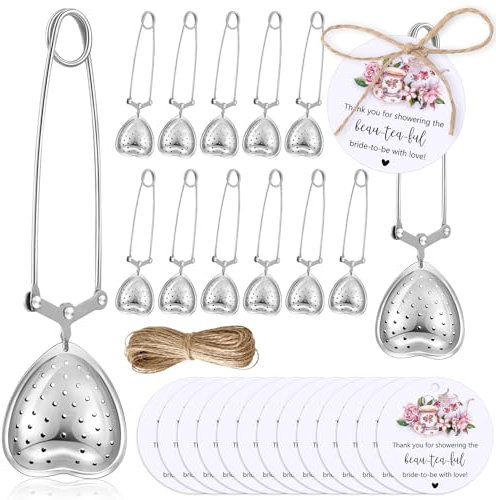 Gisafai 24 Sets Bridal Shower Tea Party Favors for Guests Include Heart Tea Infuser Long Handled Tea Ball Tea Steeper for Loose Tea with Thank You Cards Twine Wedding Bridal Shower Souvenir (No Tea)