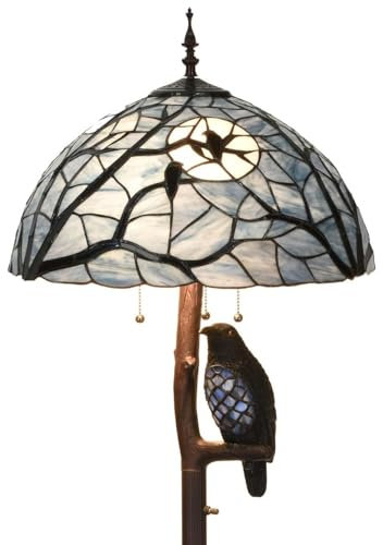 Bieye L30882 Raben sitzen auf kahlen Ast vor Vollmond, Buntglas-Stehlampe im Tiffany-Stil mit Raben-Nachtlicht für Halloween-Dekoration, 4-flammig, 65 Zoll hoch (Dunkelblau)