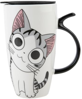 Lachineuse - Taza Gigante Gato Kawaii 600 ml - XXL Blanca de Porcelana - Japonesa de Té y Café Con Tapa Isotérmica - Ideal para Regalo de Japón Asia