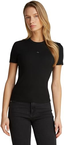 Calvin Klein Damen T-Shirt Kurzarm Woven Label Rib Tee Slim Fit, Schwarz (Ck Black), S