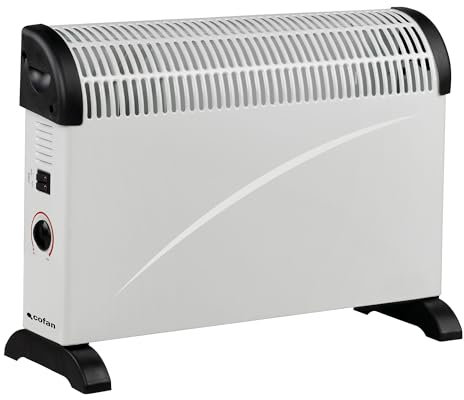 Cofan Convector radiante con termostato regulable | Potencia: 2000 W | 3 configuraciones de calor | Seguridad antivuelco | Protección contra sobrecalentamiento | Asa de transporte