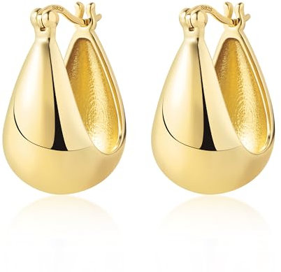 Gold Creolen Ohrringe für Damen, 14 Karat Gold Große Klobige Ohrringe Ovale Creolen Ohrringe Hypoallergene Dicke Ohrringe Breite Creolen Ohrringe Trendige Tropfenohrringe für Damen Mädchen
