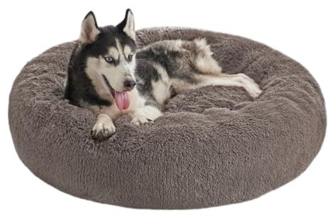 Domarex Weiches Hundebett für große Hunde und Katzen - rundes Shaggy-Bett mit hohen Rändern - Anti-Rutsch-Boden - Silikonfüllung - komfortabler Schlafplatz - 90 cm - Bequem & langlebig - Beige