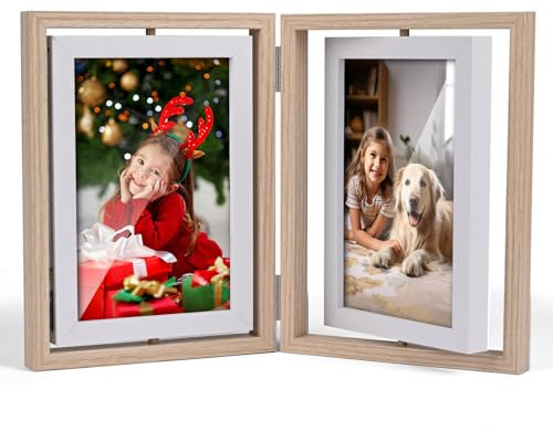 Czemo Holz Bilderrahmen für 4 Fotos 10x15cm Faltbar Collage Vintage Doppel Foto Rahmen Drehbarer für Hochzeit Familie, Hellbeige